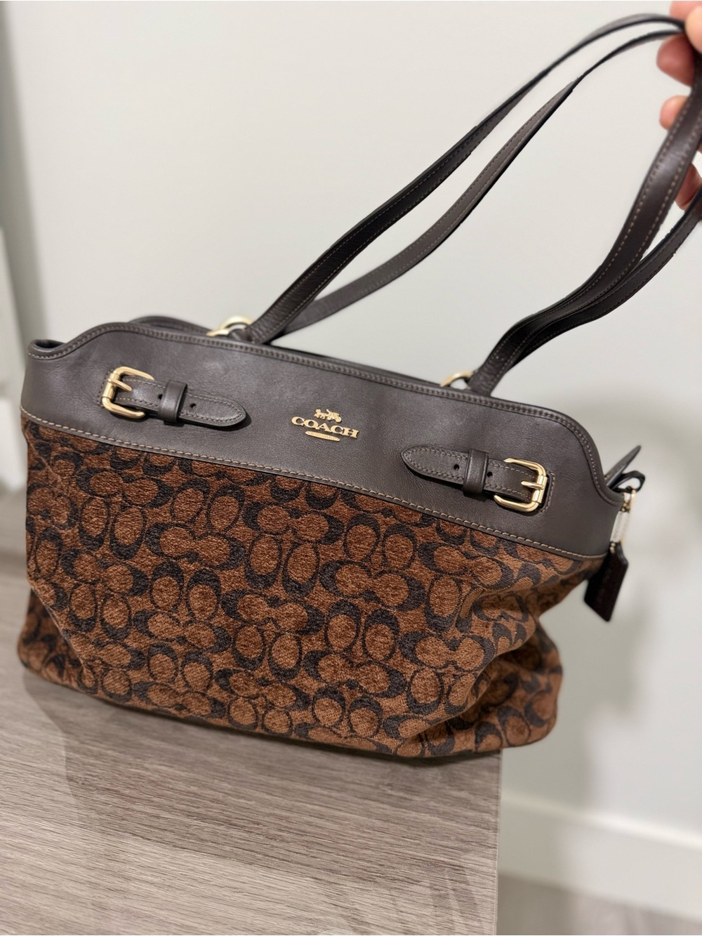 COACH Brown Signature Canvas Shoulder Bag with Dark Brown Leather Trim